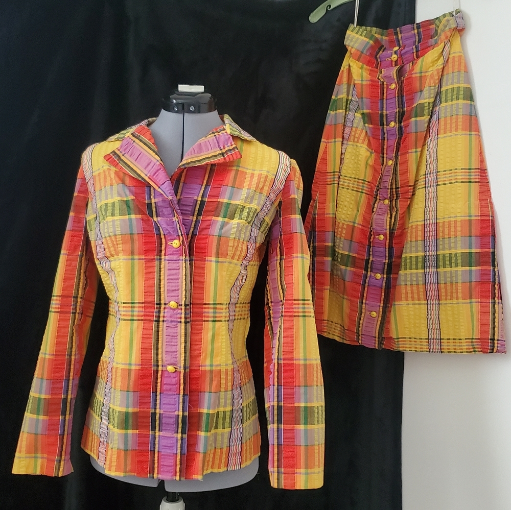 Vintage colorful plaid checked shirt skirt set